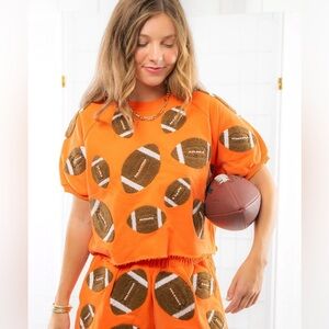 New! QUEEN OF SPARKLES Orange Fuzzy Football Top